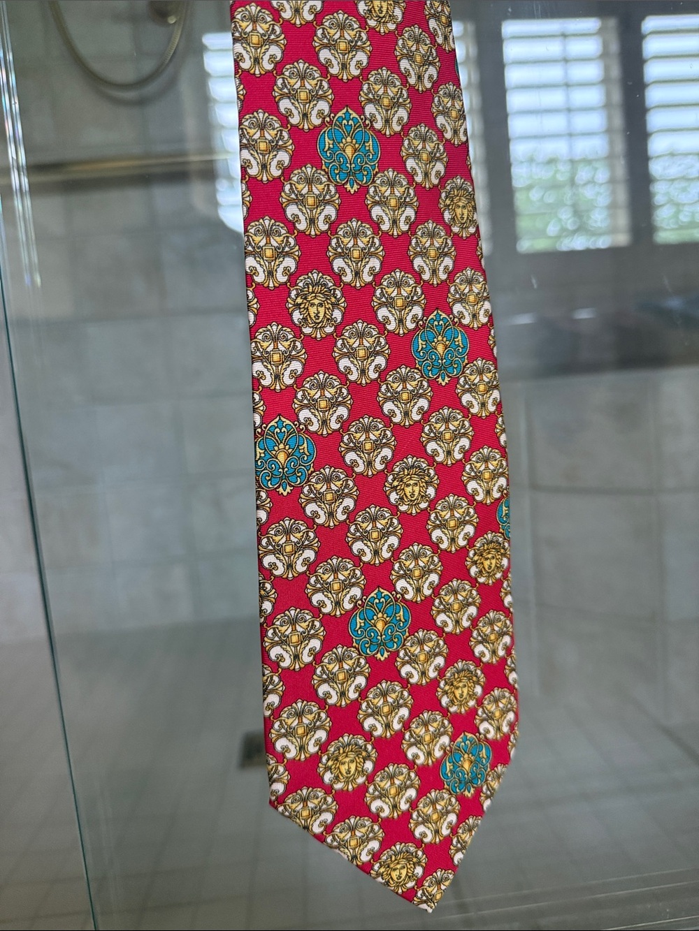 Versace Red Medallion Silk Tie with Gold and Teal Accents